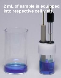 VC-4 Voltammetry cell: 2 mL of sample is served into respective cell vials VC-4 Voltammetry cell: 2 mL of sample is served into respective cell vials